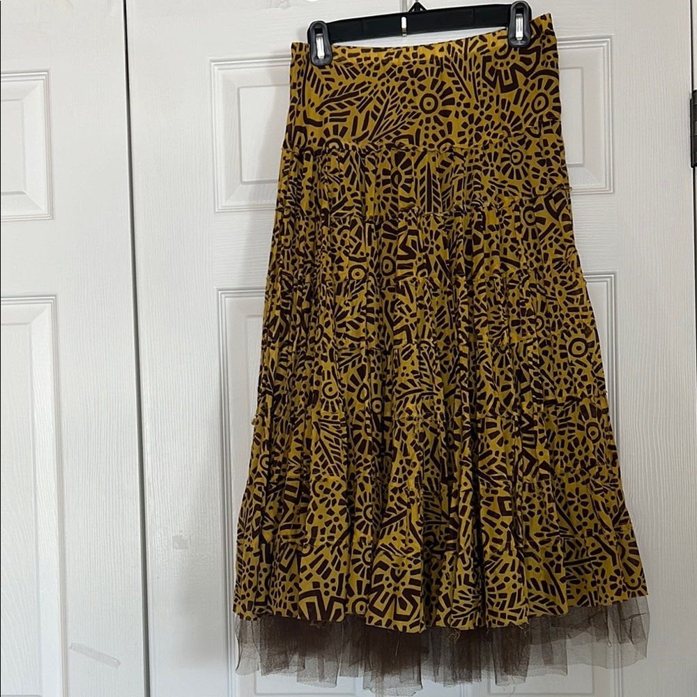Vintage 100%Cotton Gold Tan Tiered A-Line Midi Skirt with tulle hem for Cocktail